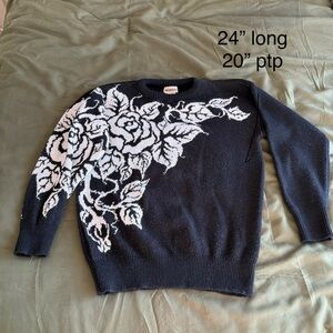 Black Crewneck Sweater with White Floral Intarsia